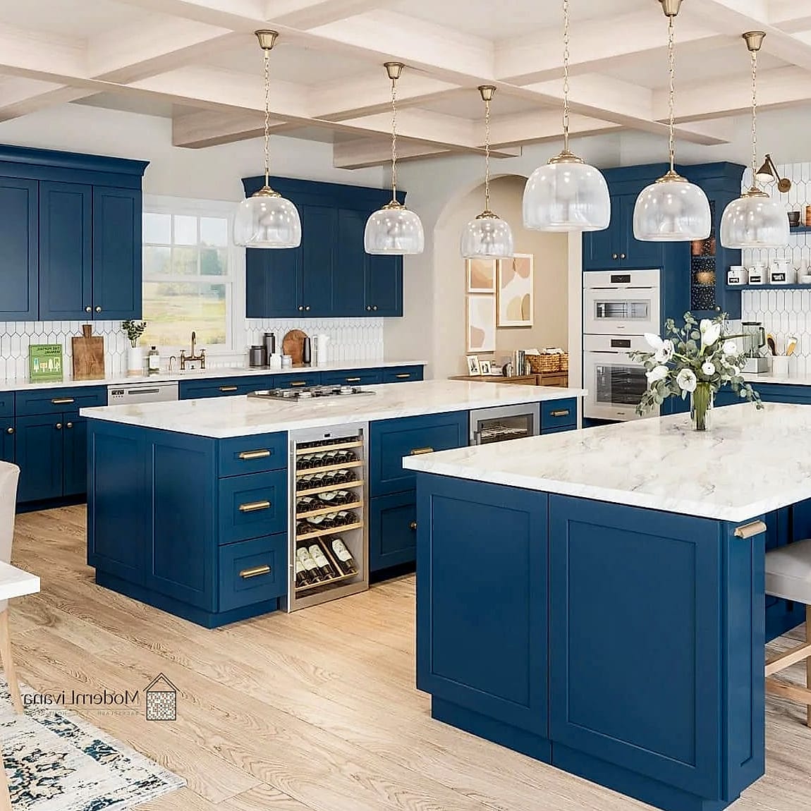 23 Blue and White Kitchen Ideas to Show Your Contractor 6 White Shaker Cabinets with Blue Grasscloth Wallpaper
