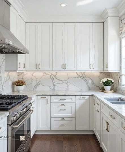 30 White Cabinets Ideas Perfect for Any Budget 14 White Shaker Cabinets with Marble Countertops