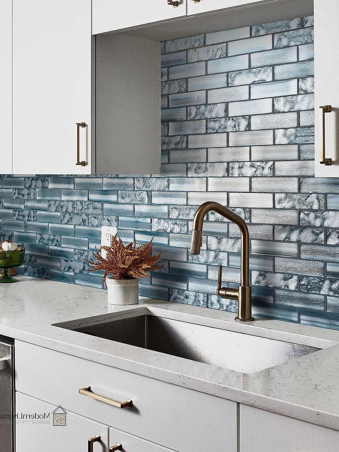 White Subway Tile with Blue Cabinets