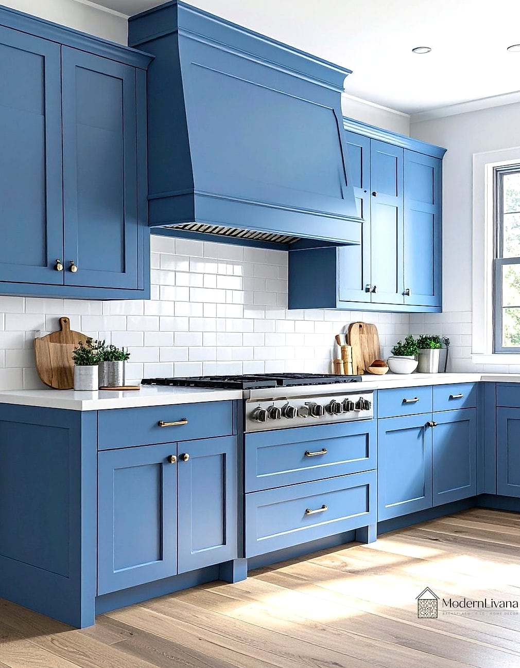 White Subway Tile with Navy Cabinets