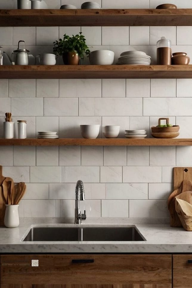 24 White Backsplash Ideas That Work in Any Size Home 22 White Tile with Wood Shelving