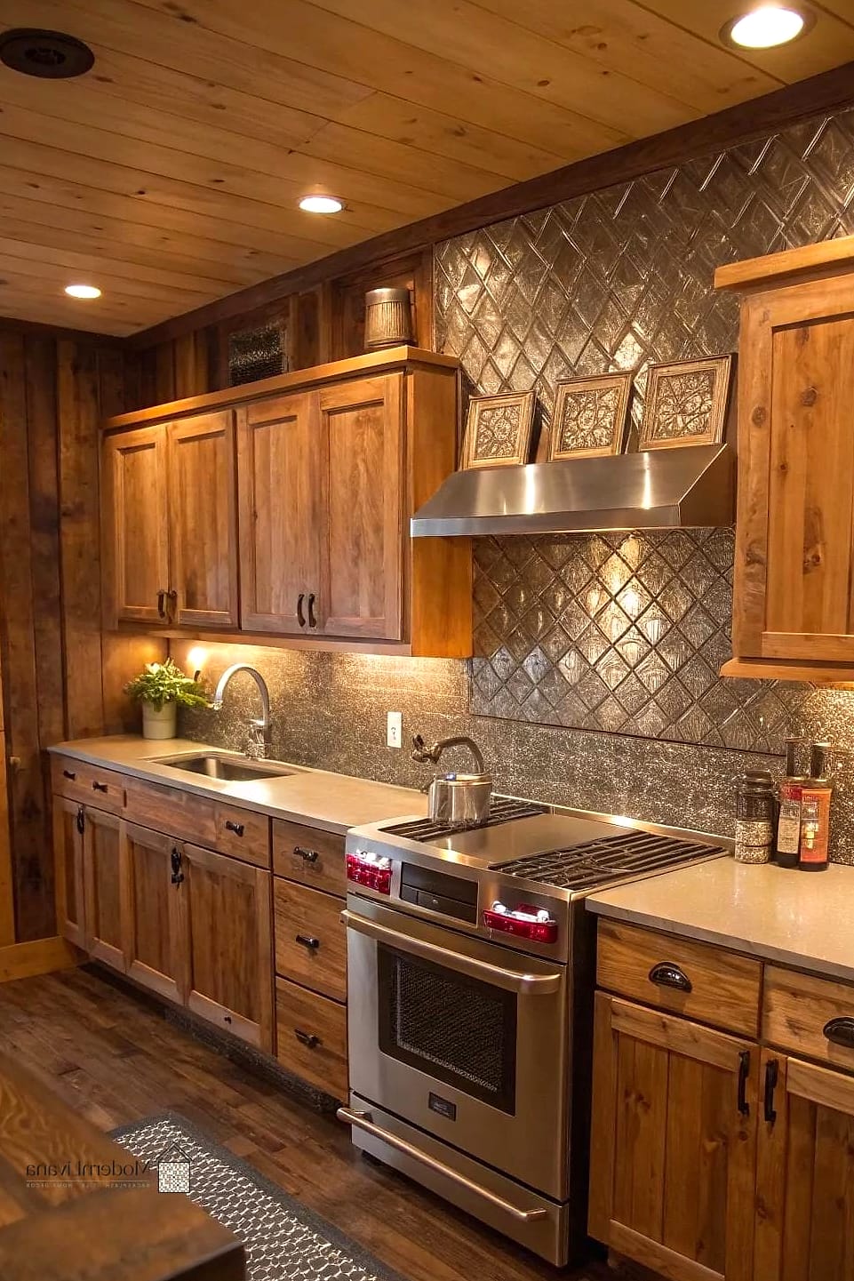Wood Backsplash with Metal Accents