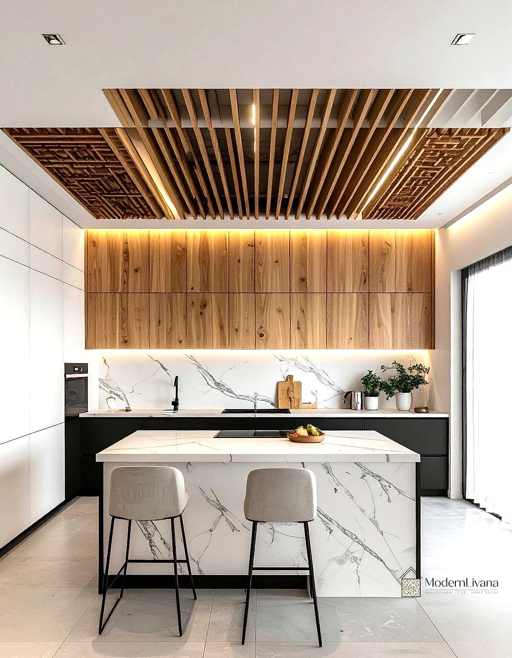 Wood Ceiling Slats Above the Island
