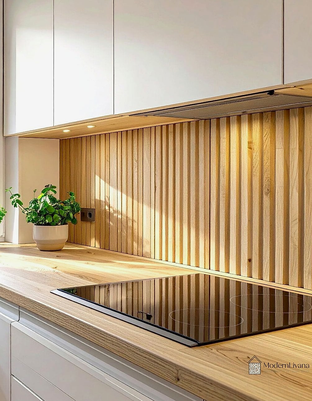 Wood Panel Backsplash Behind Open Shelving