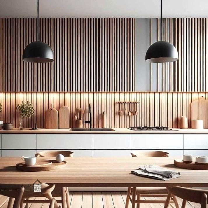 Wood Slat Backsplash with Hidden Lighting