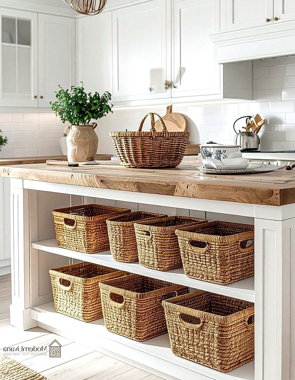 28 White Farmhouse Kitchen Ideas That Look Expensive But Aren't 13 Woven Baskets for Open Storage