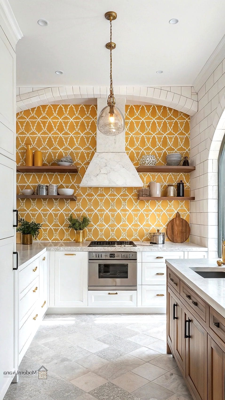 30 Yellow Kitchen Ideas to Show Your Contractor 21 Yellow Kitchen with Patterned Tile Floor