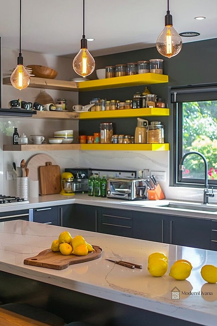 30 Yellow Kitchen Ideas to Show Your Contractor 23 Yellow Kitchen with Open Shelving and Greenery